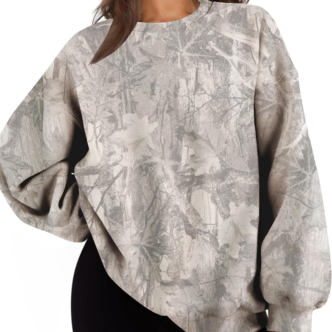 Camo Sweatshirt For Women Maple Leaf Print Hoodies Crew Neck Oversized Long Sleeve Drop Shoulder Pullovers